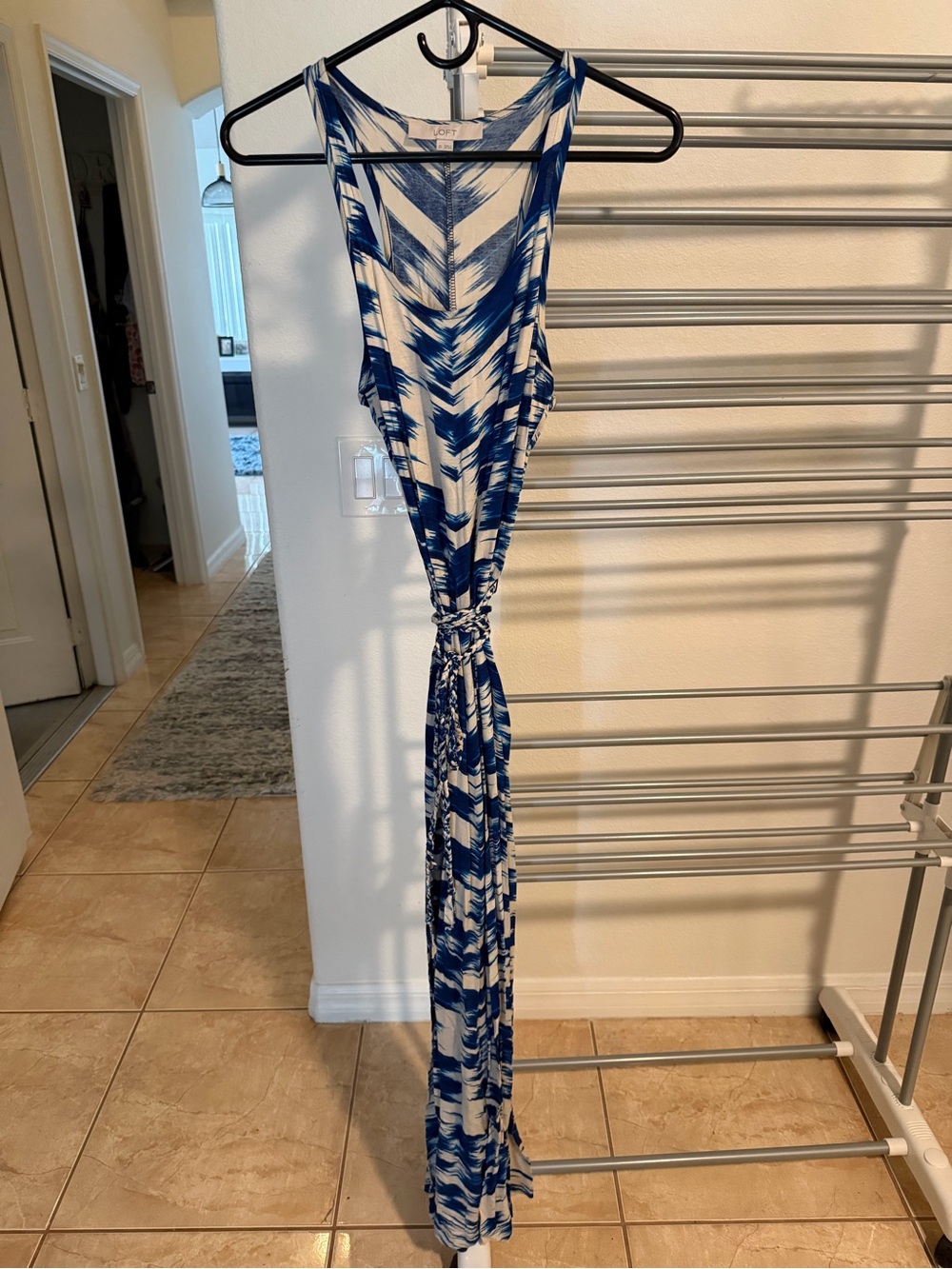 Loft Blue and White Tie-Dye Maxi Dress with Tie Waist
